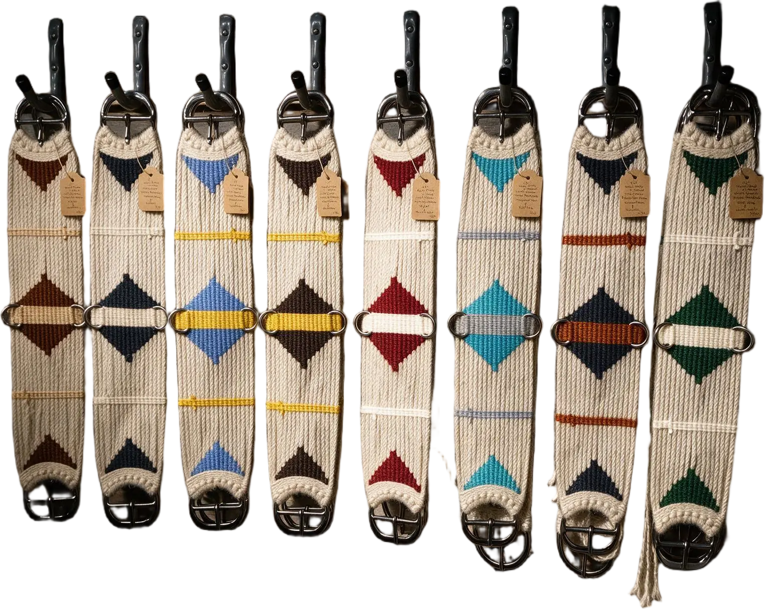 Hand-tied mohair cinches hanging on a rack.